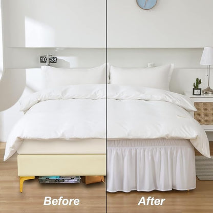 MEILA Wrap Around Bed Skirt Three Fabric Sides Elastic Dust Ruffled 24 Inch Tailored Drop,Easy to Install Fade Resistant-White, Twin/Full