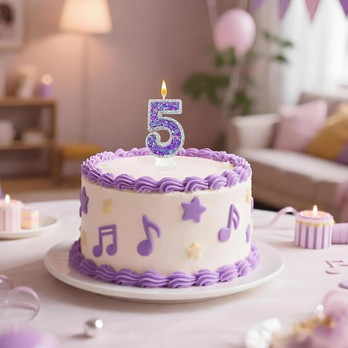 K-pop Number 5 Birthday Candle, Star Glitter Filled Number Candle, Purple Silver Fantasy Cake Topper for Birthday Party Decoration