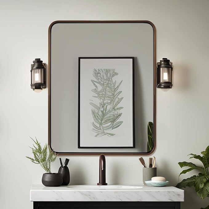 ANDY STAR 40x36 Inch Bronze Bathroom Mirror, Rounded Rectangle Oil Rubbed Bronze Mirrors for Bathroom,Tube Metal Framed, 1’’ Deep Wall Mounted Vertically/Horizontal