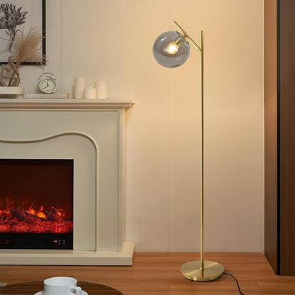 Farmhouse Floor Lamp Retro Smoky Gray Glass Standing Tall Lamps Vintage Brass Freestanding Floor Lamps Adjustable Globe Floor Lamp for Office Bedroom