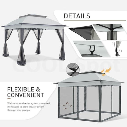 COOS BAY 11x11 Pop Up Gazebo with Mesh Netting, Instant Outdoor Canopy Tent, Water Resistant Shelter with UPF 50+ UV Protection, 121 Sq Ft Coverage, Gray