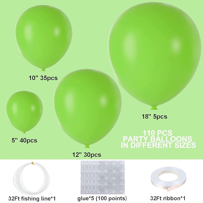 Lime Green Balloons 110Pcs Garland Arch Kit - Light, Matte, Economy Size -, item(mat: 5/10/12/18inch)-Perfect for Baby Showers & Birthday Parties - ejungle Dinosaur Party Decoration strokes