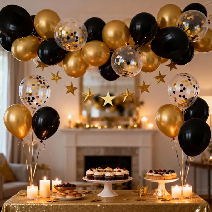 50 pcs Black and Metallic Gold Balloons 12 Inch Black and Gold Confetti Balloon Party Decorations for Birthday,Graduation,New Years,Wedding,Engagement Anniversary Party Decorations