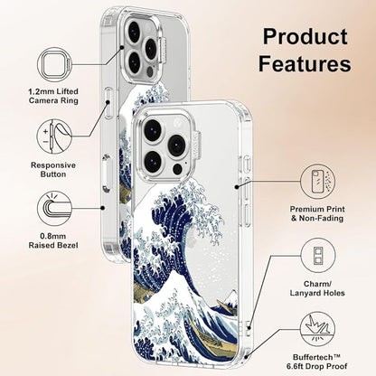 MOSNOVO Case for iPhone 16 Pro, [Buffertech 6.6ft Military-Grade Drop Protection] [Anti Peel Off Tech] Clear TPU Bumper Phone Case Cover Design - Great Wave