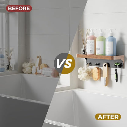 Shower Caddy Adhesive, Shower Shelve for Inside Shower, Bathroom Organizers and Storage for Accessories Holder, Rustproof Bathroom Wall Shower Rack Organize with 5 Hooks, No-drill, Wood