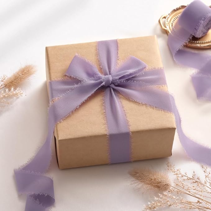 DORIS HOME Pastle Purple Chiffon Ribbon for Flower Bouquet, 1" x21Yd Fabric Ribbon for Gift Wrapping, Handmade Frayed Ribbon for Wedding Invitations/Christmas Decorations