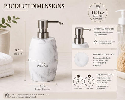 Clasin Home Resin Hand Soap Dispenser, Refillable Soap Dispenser with White Marble Look and Metallic Pump, Waterproof Bottle Labels for Bathroom Kitchen Dish Hand Wash Shower Lotion Shampoo (12 Oz)