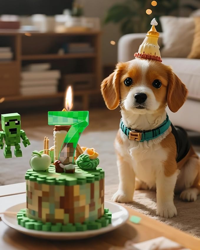 Pixel Birthday Candle, 2.68 Inch Miner Number Candles, Game Themed Candle Birthday Decoration for Pixel Theme Birthday Anniversary Dynamite Video Game Party (Green, 7)