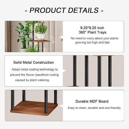 AZERPIAN Plant Stand 5 Tier Indoor Metal Flower Shelf for Multiple Plants Corner Tall Flower Holders for Patio Garden Living Room Balcony Bedroom, Walnut (5 Tier-Walnut)