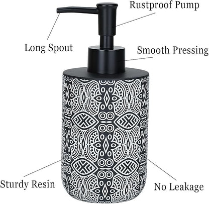 2pcs Hand Soap Dispenser Set, Boho Carving Resin Liquid Soap Dispensers for Bathroom Countertop, Heavy & Sturdy Dish Wash Soap Dispenser for Kitchen, Black