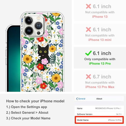 MOSNOVO Case for iPhone 13 Pro, [Buffertech 6.6ft Military-Grade Drop Protection] [Anti Peel Off Tech] Clear TPU Bumper Phone Case Cover Design - Black Cat in Garden