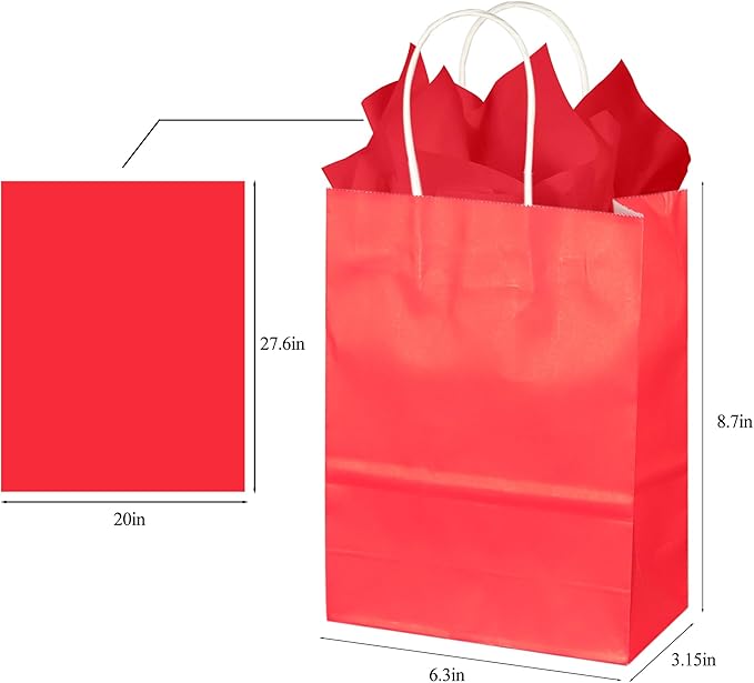 BLEWINDZ 32Pcs Small Paper Gift Bags with Tissues, Red Party Favor Bags with Handles, 8.7" Goodie Bag for Birthday, Shopping, Party Supplies