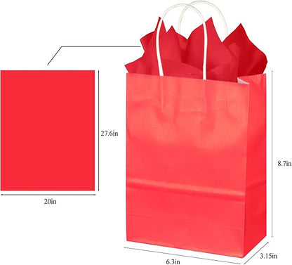BLEWINDZ 32Pcs Small Paper Gift Bags with Tissues, Red Party Favor Bags with Handles, 8.7" Goodie Bag for Birthday, Shopping, Party Supplies