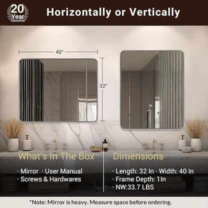 ANDY STAR 40x32 Inch Chrome Mirror for Bathroom, Chrome Bathroom Vanity Mirror, Rounded Rectangle Mirror, Anti-Rust SUS304, Seamless Tube Metal Frame, 1’’ Deep Wall Mounted Vertically/Horizontal