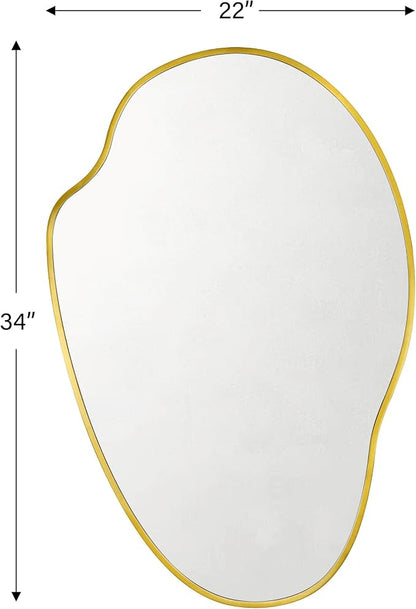 TOMACE Brushed Gold Asymmetrical Irregular Wall Mirror,22''x 34'' Unique Brass Frame Wall Mounted Mirror for Bathroom,Entryway,Nursery