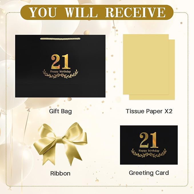 JMANNI Black Gold 21st Birthday Gift Bag with Card and Tissue Paper, 14.2"×9.84"×4.3" Large Present Bag for Adults, 21 Year Old Birthday Keepsake Party Supplies