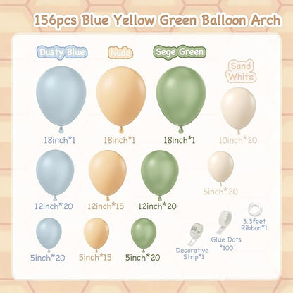 156pcs Blue and Yellow Balloon Arch Kit, Pastel Balloons with Blue Yellow Sage Green Sand White Balloons for Classic Bear Themed Baby Shower Wedding Birthday Party Decorations