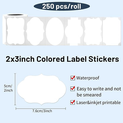 Yeachlaing White Labels - 250 PCS 3" x 2" Fancy Shape Stickers for Storage Box or Food Jars