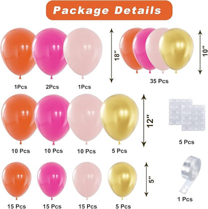 Pink and Orange Balloons Arch Kit, 124pcs Hot Pink Orange Metallic Gold Balloons with 16ft Tape Strip & Dot Glue for Birthday Baby Shower Wedding Party Decorations
