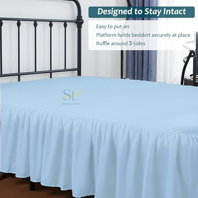 Shreem Linen Ruffled Bed Skirt with Split Corners, Gathered Style, 100% Microfiber, 16-Inch Drop, Dust Ruffle Bedskirt with Platform, Twin, Light Blue