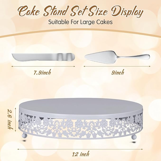 Wenqik 12 Inch White Cake Stand Set Metal Round Cupcake Dessert Stand with Cake Cutting, Spatula Wedding Cupcake Pastry Display Candy Holder Display for Wedding Party Birthday Baby Shower (Flower)