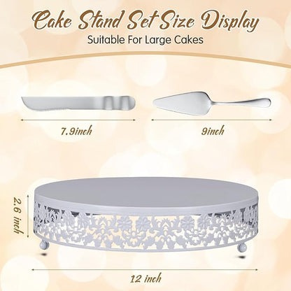 Wenqik 12 Inch White Cake Stand Set Metal Round Cupcake Dessert Stand with Cake Cutting, Spatula Wedding Cupcake Pastry Display Candy Holder Display for Wedding Party Birthday Baby Shower (Flower)