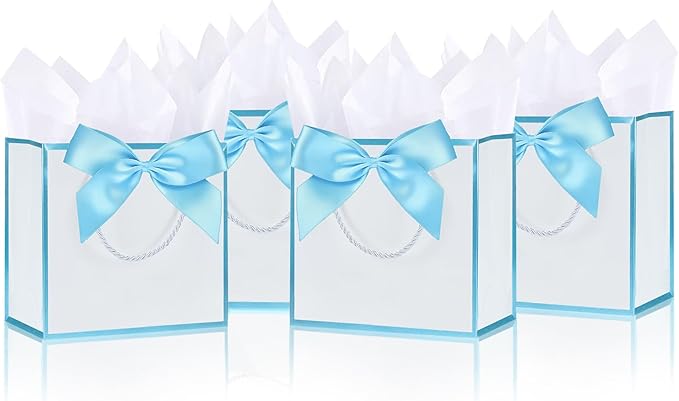 SHIPKEY 10 PCS Blue Gift Bags, 7.4"x2.8"x5.9" Small Welcome Bags, Luxury Shopping Bag with Ribbon Handle and Bows (18.8x7x14.8cm)
