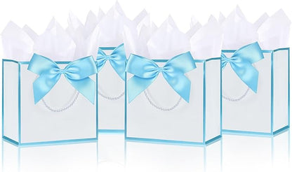 SHIPKEY 10 PCS Blue Gift Bags, 7.4"x2.8"x5.9" Small Welcome Bags, Luxury Shopping Bag with Ribbon Handle and Bows (18.8x7x14.8cm)