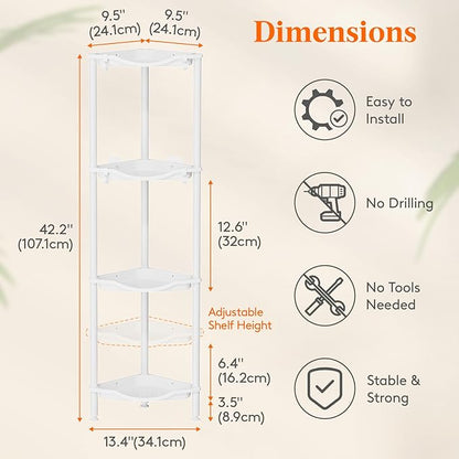 Lifewit Floor Standing Shower Caddy Corner, 4 Tier Plastic Shower Stand Rack with Adjustable Feet and Hooks, Rustproof Bathroom Shelf Organizer, White, 34 x 24 x 107 cm/13 x 9.5 x 42 inch
