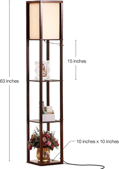 Brightech Maxwell - Modern Shelf Floor Lamp with Lamp Shade & Warm White LED Bulb, Corner Display Floor Lamp with Shelves for Living Room, Bedroom, Nightstand Office, Home Decor Storage - Havana Brown
