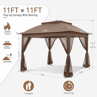 COOS BAY 11x11 Pop Up Gazebo with Mesh Netting, Instant Outdoor Canopy Tent, Water Resistant Shelter with UPF 50+ UV Protection, 121 Sq Ft Coverage, Brown