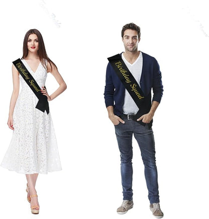 10 Pcs Birthday Squad Sash for Men or boys 16th, 18th 21st 30th 40th 50th 60th or Any Other Bday Party Supplies Decorations (Black+Gold)