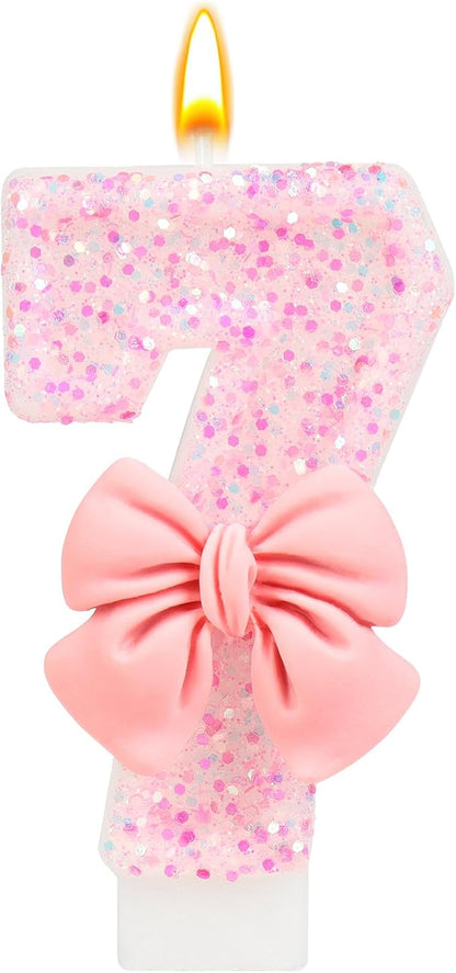 Number 7 Birthday Candle, Pink Bow Birthday Candles, Glitter Candle Cake Topper, Happy Birthday Cake Decoration Gifts, Anniversary Party Supplies for Girl
