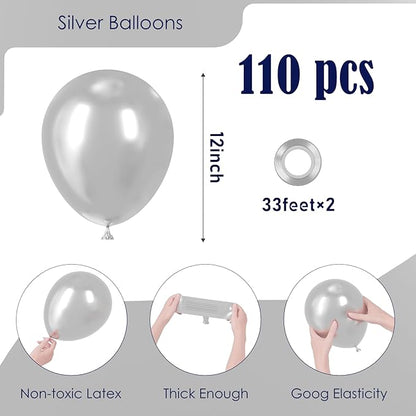 110pcs Metallic Silver Balloons 12inch Chrome Silver Latex Party Balloons for Graduation, Wedding, Birthday, New Year, Baby Shower, Anniversary, Holiday Party Decorations