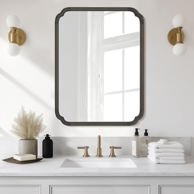 WallBeyond 30" x 40" Rounded Corner Arch Wall Mirror with Wood Frame for Entryway, Living Room or Bedroom Home Decor - Light Woodgrain [30 x 40 inches, Black]