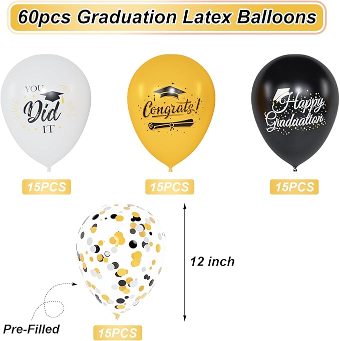 60 Pcs Black and Gold Graduation Balloons Class of 2026 Graduation Decorations - 12 Inch White Gold Confetti Latex Balloon Congrats Grad Balloons with Ribbons for Grad Decorations Supplies