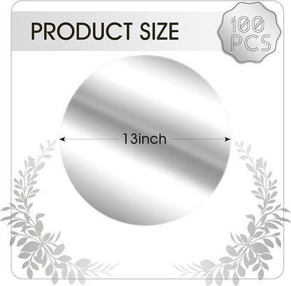 KesaPlan 100PCS Round Silver Placemats, 13" Disposable Paper Placemats for Dining Table, Mirrored Silver Charger Place Mat for Kitchen Banquet Table Setting Wedding Birthday Dinner Party Decor
