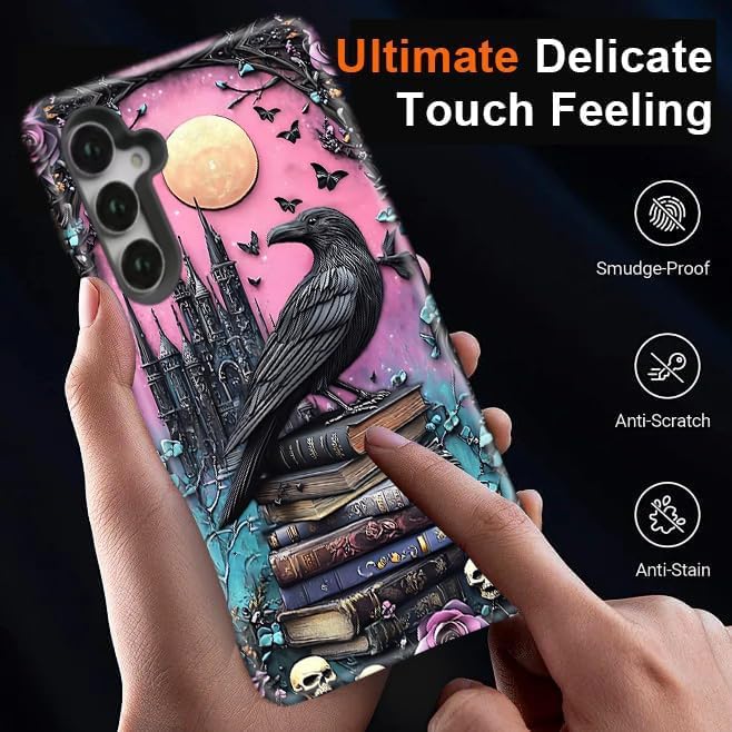 Compatible for Samsung Galaxy A36 5G Case, Dual Layer Heavy Duty 2 in 1 Shockproof Protective Phone Case,Black Raven Bird Rose Book Skulls
