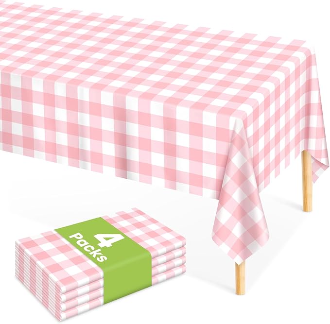 Mulbozy 4 Pcs Pink Gingham Tablecloth 54 × 108 Inches Pink and White Checkered Table Cloth Disposable Plastic Waterproof Tablecover for Outdoor Picnic, Birthday Party, Holiday Dinner
