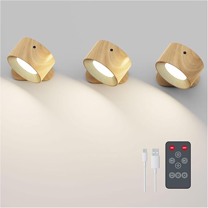 Deyagoo 3PACK Romote LED Wall Sconce - Rechargeable Wall Light, 3 Colors & 3 Brightness Levels, 360° Magnetic Rotating Head, Bedside Reading Lamp, Easy Install Battery Operated Lamp Wood