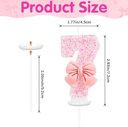 Number 7 Birthday Candle, Pink Bow Birthday Candles, Glitter Candle Cake Topper, Happy Birthday Cake Decoration Gifts, Anniversary Party Supplies for Girl