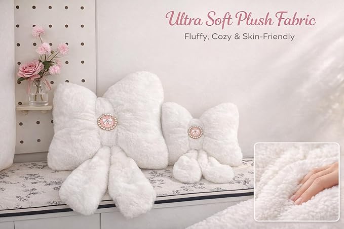 White Bow Pillow 12x9 Inch, Cute Plush Bow Shaped Decorative Pillow with Back Strap, Coquette Room Decor for Teen Girls Bedroom Chair Couch Car