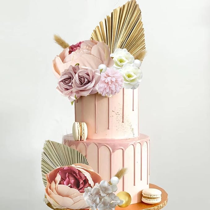 32 PCS Boho Cake Topper Flower Palm Leaves Cake Decorations for Bohemian Wedding Baby Shower Birthday Party Supplies (Boho)