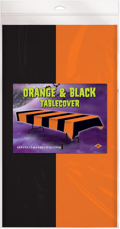 Beistle Orange and Black Striped Plastic Tablecover, Rectangular Halloween Tablecloth for Trick or Treat, Harvest Party, Fall Decoration, 108" x 54"
