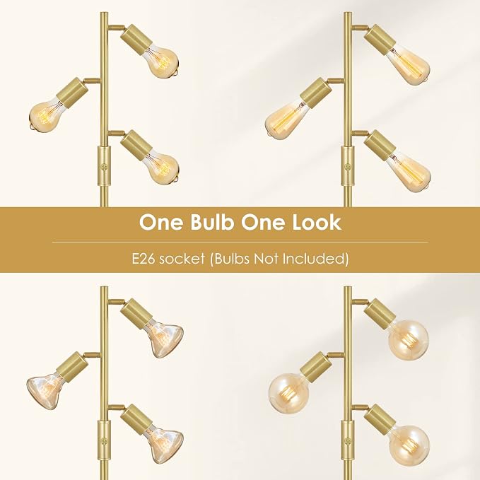 BoostArea Tree Floor Lamp, Brass Gold Industrial Floor Lamp, Modern Standing Lamp with Adjustable 3 Light, E26 Socket, Rotary Switch, Boho Stand Up Lamp Pole Lamps for Living Room, Bedroom (No Bulbs)