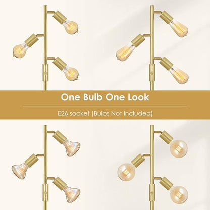 BoostArea Tree Floor Lamp, Brass Gold Industrial Floor Lamp, Modern Standing Lamp with Adjustable 3 Light, E26 Socket, Rotary Switch, Boho Stand Up Lamp Pole Lamps for Living Room, Bedroom (No Bulbs)