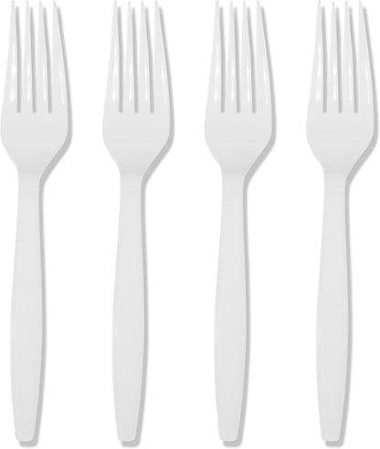 Prestee 100 White Plastic Forks Heavy-Duty, Heavyweight Plastic Silverware Forks, Fancy Plastic Cutlery, Elegant Disposable Forks Pack, Bulk Disposable Flatware, Christmas Holiday Plastic Utensils Set