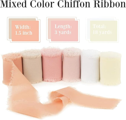 Handmade Fringe Chiffon Silk Ribbon 1.5 Inch x 3Yd Peach/Blush/Pink Soft Colorful Frayed Chiffon Ribbon for Wedding Invitation Flower Bouquets Gift Wrapping Bridal Shower