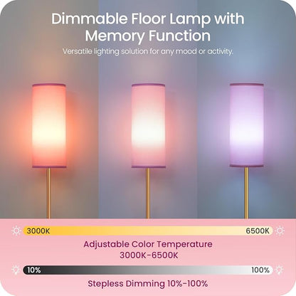 Dimmable Pink Floor Lamp for Living Room with Remote and Foot Switch, Corner Floor Lamp, 64.4'' Standing Tall Lamp, 10W 900LM Bulb Included, 3000K-6500K, Linen Shade, Gold Pink, FCC Listed DP06LD05W1