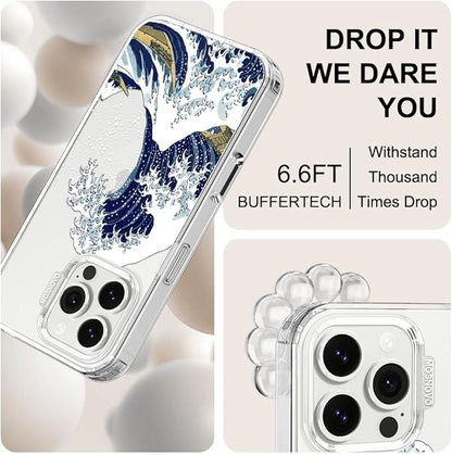 MOSNOVO Case for iPhone 16 Pro Max, [Buffertech 6.6ft Military-Grade Drop Protection] [Anti Peel Off Tech] Clear TPU Bumper Phone Case Cover Design - Great Wave